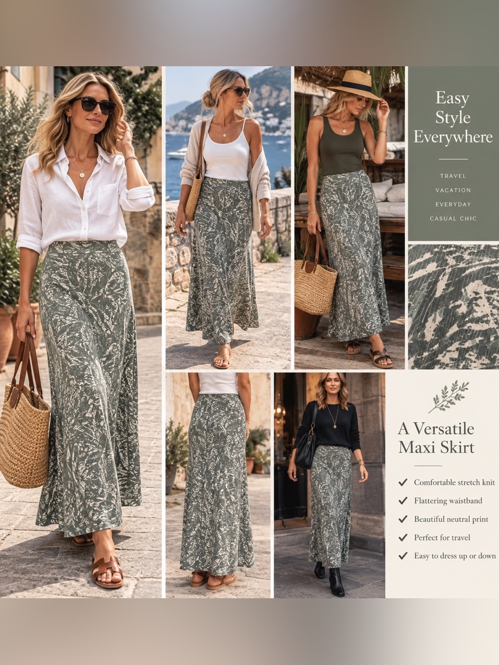 Versatile Olive Floral Maxi Skirt - Women's Casual & Travel